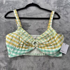 NWT O'Neill Womens Green Yellow Gingham Ring Front Smocked Crop Bralette Top L
